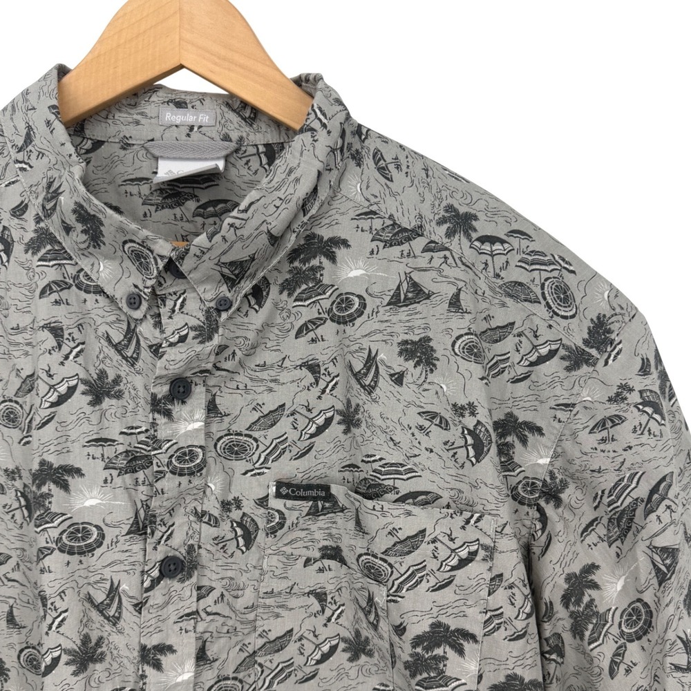 Columbia Mens XXL Gray Nautical Beach Print Cotton Button Down Shirt